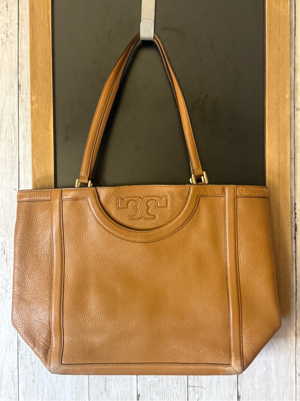 Tory Burch Serif T Satchel Brown Leather Hand Bag Purse No Shoulder Strap